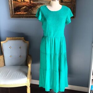 Perch Kelly green cottagecore short sleeves layered slip on flowy midi dress 1X